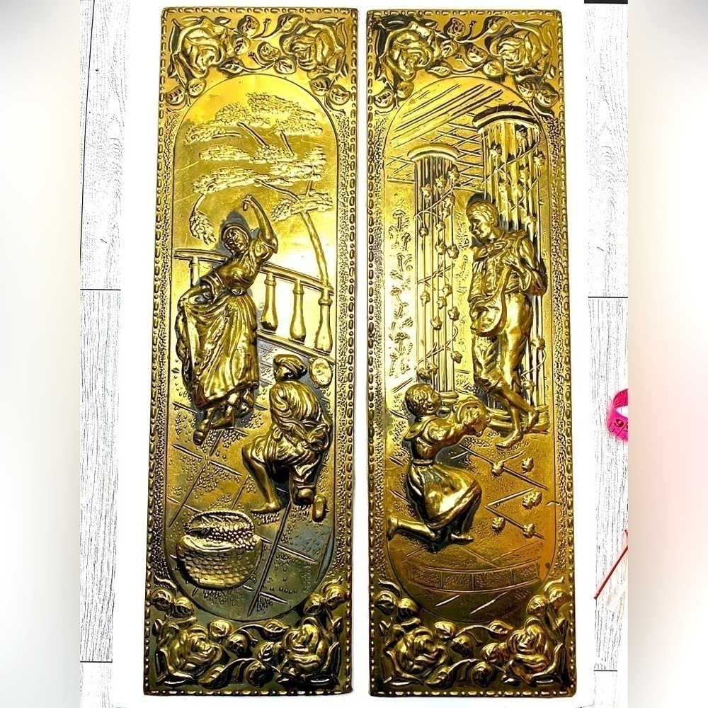 Rare vintage Elpec embossed brass wall hangings wooden backs set of 2.  #13